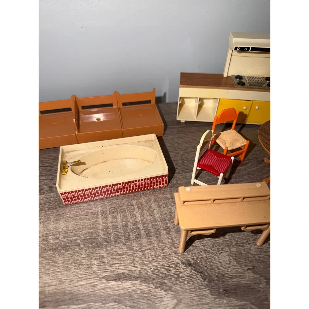 Vintage Tomy Dollhouse Furniture Lot MCM Kitchen Bathroom Dining Room 13pc Set